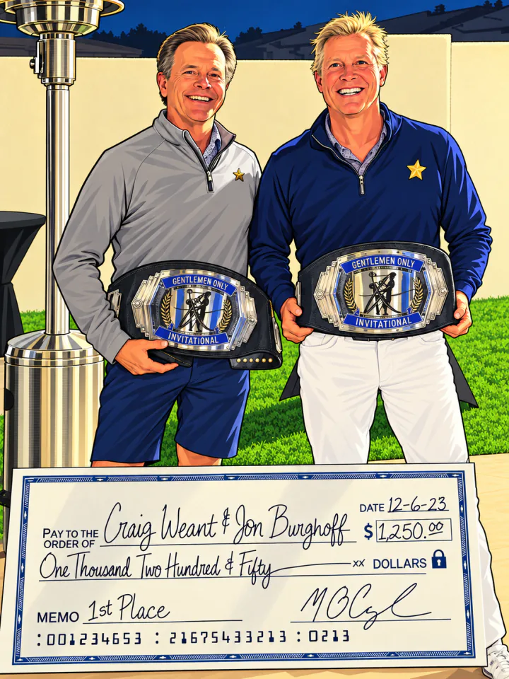 Illustration of the 2023 champions on a patio holding black championship belts above a $1,250 first-place check.