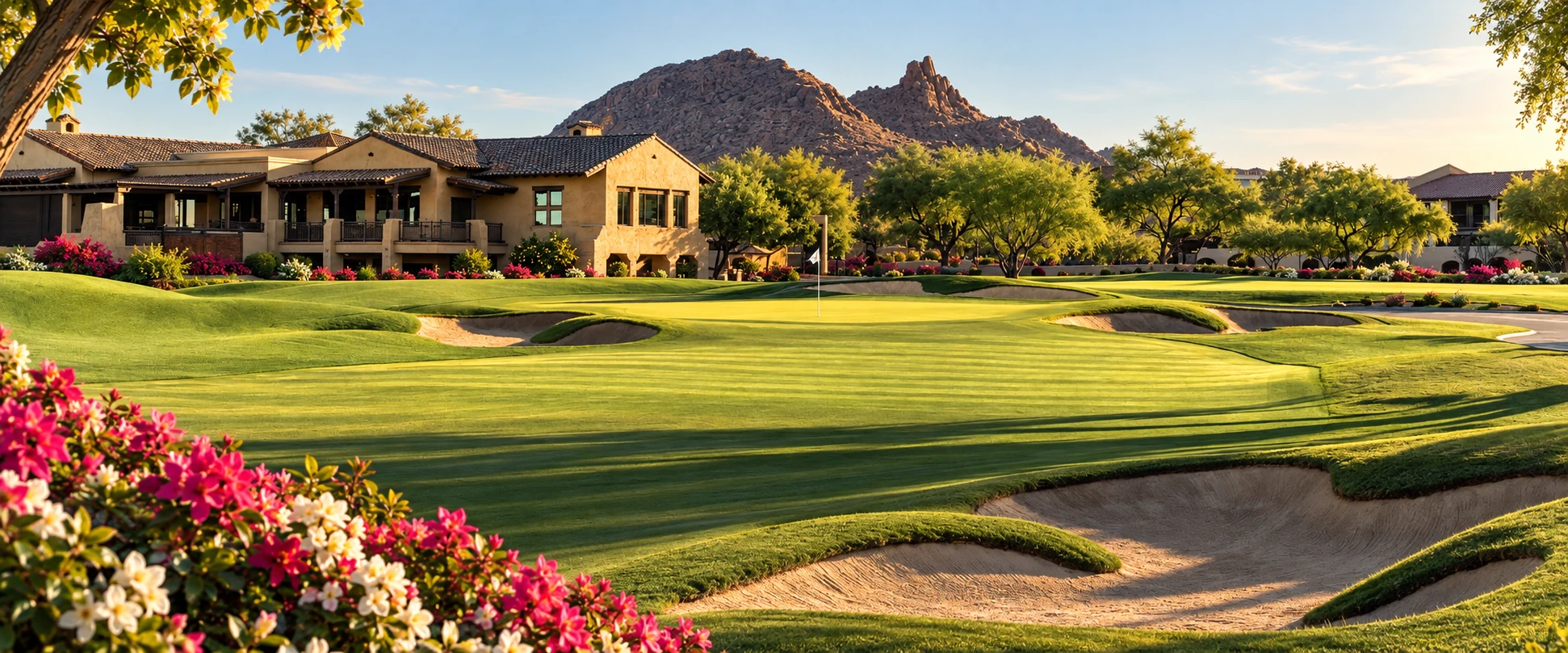 Pinnacle Peak Country Club clubhouse and mountain in warm afternoon light, framed by pink and white flowers
